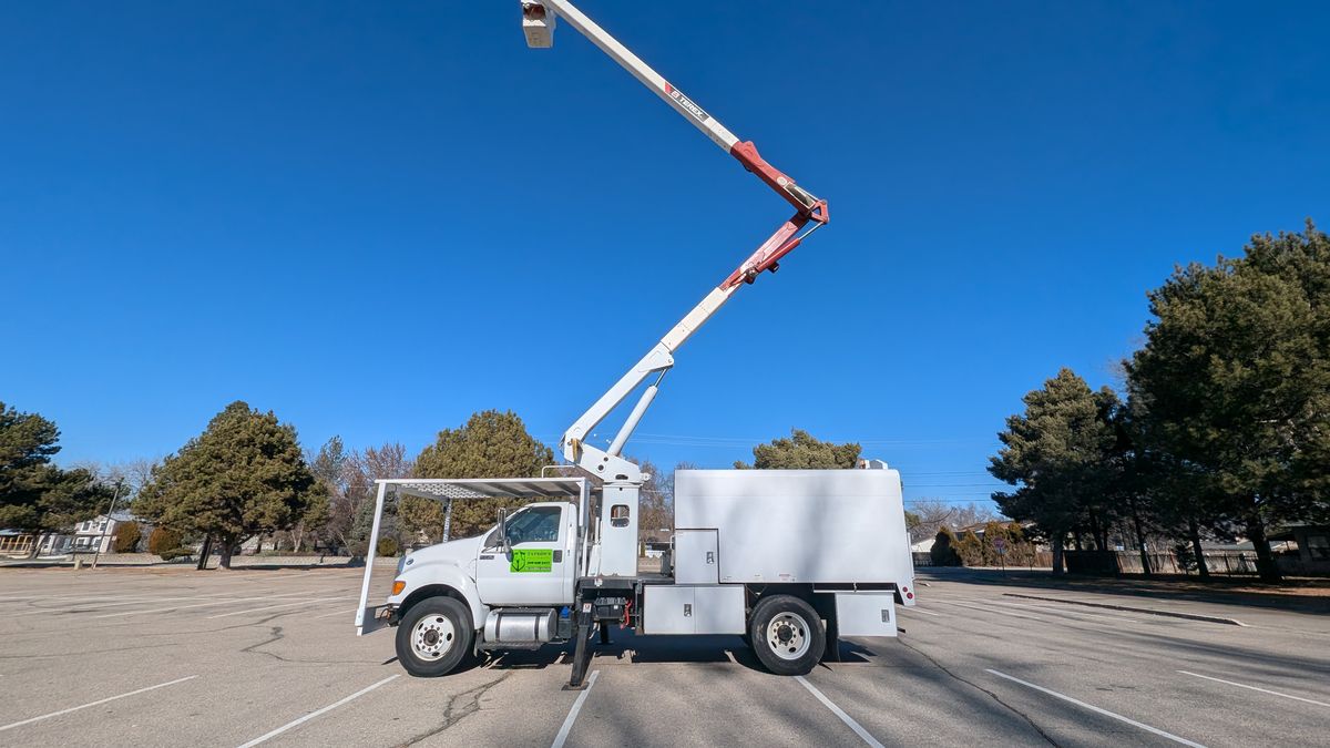 The Tapson's Tree Service bucket truck parked in an open lot in Boise with its boom fully extended against a clear blue winter sky, the green Tapson's decal visible on the driver's door.